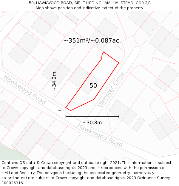 50, HAWKWOOD ROAD, SIBLE HEDINGHAM, HALSTEAD, CO9 3JR: Plot and title map