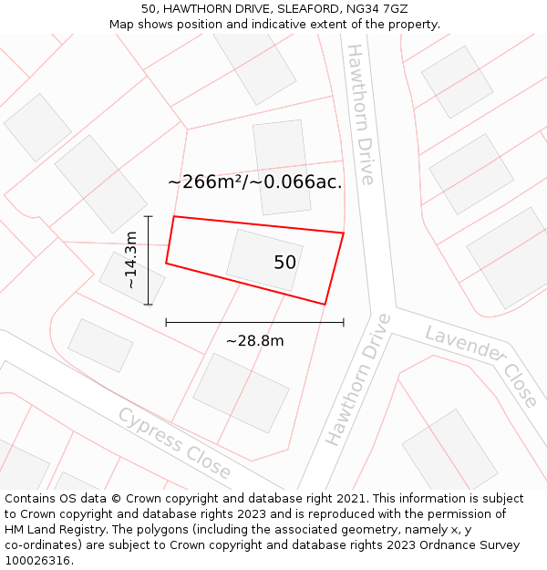 50, HAWTHORN DRIVE, SLEAFORD, NG34 7GZ: Plot and title map