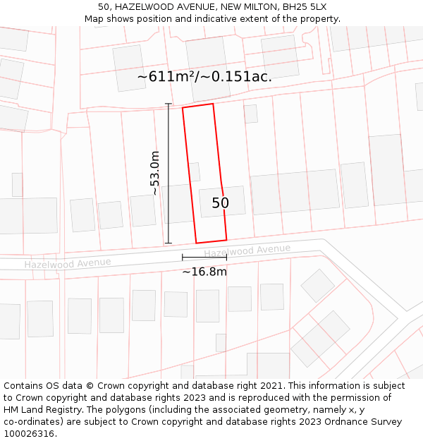 50, HAZELWOOD AVENUE, NEW MILTON, BH25 5LX: Plot and title map