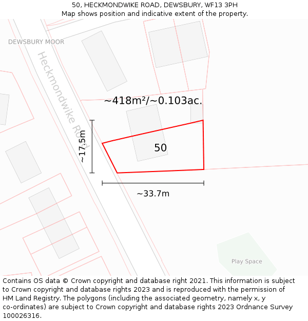 50, HECKMONDWIKE ROAD, DEWSBURY, WF13 3PH: Plot and title map