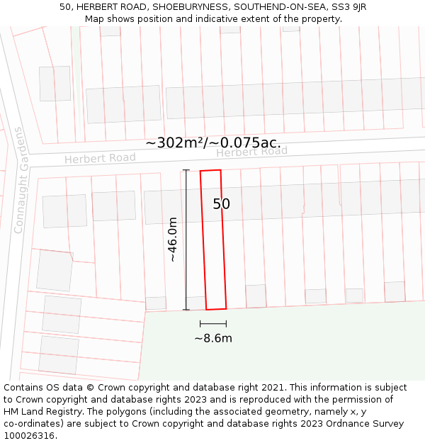 50, HERBERT ROAD, SHOEBURYNESS, SOUTHEND-ON-SEA, SS3 9JR: Plot and title map