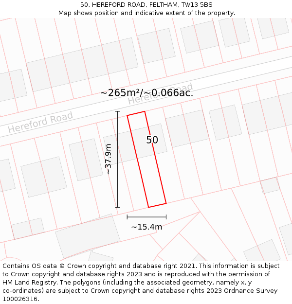 50, HEREFORD ROAD, FELTHAM, TW13 5BS: Plot and title map