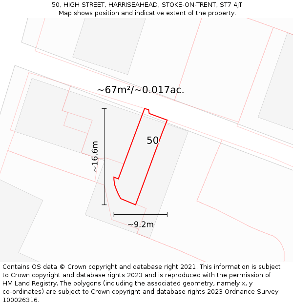 50, HIGH STREET, HARRISEAHEAD, STOKE-ON-TRENT, ST7 4JT: Plot and title map