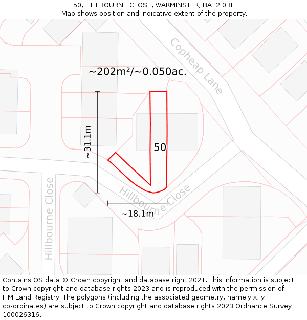 50, HILLBOURNE CLOSE, WARMINSTER, BA12 0BL: Plot and title map