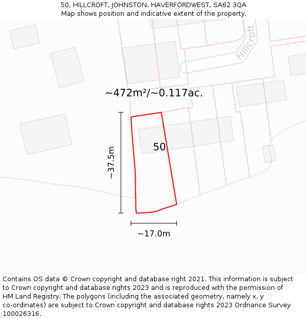 50, HILLCROFT, JOHNSTON, HAVERFORDWEST, SA62 3QA: Plot and title map