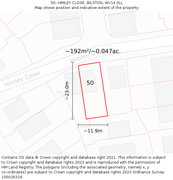 50, HIMLEY CLOSE, BILSTON, WV14 0LL: Plot and title map