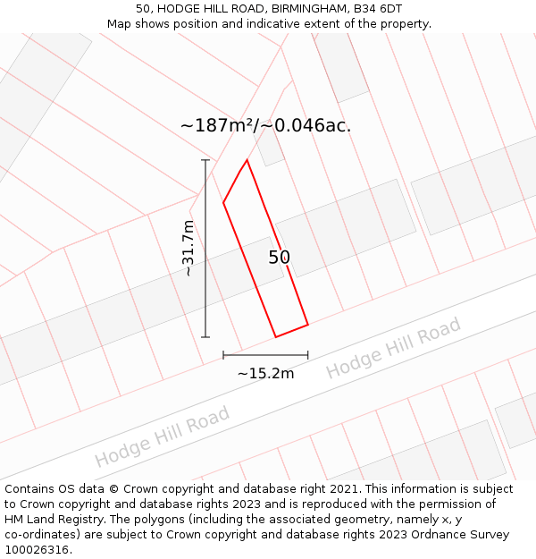 50, HODGE HILL ROAD, BIRMINGHAM, B34 6DT: Plot and title map