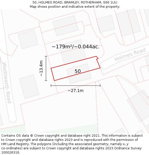 50, HOLMES ROAD, BRAMLEY, ROTHERHAM, S66 1UU: Plot and title map