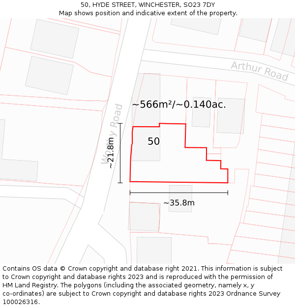 50, HYDE STREET, WINCHESTER, SO23 7DY: Plot and title map