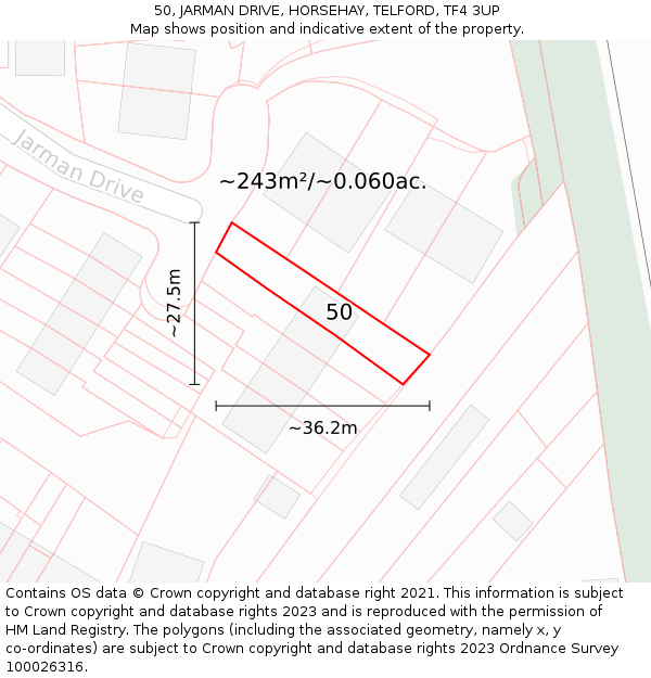 50, JARMAN DRIVE, HORSEHAY, TELFORD, TF4 3UP: Plot and title map