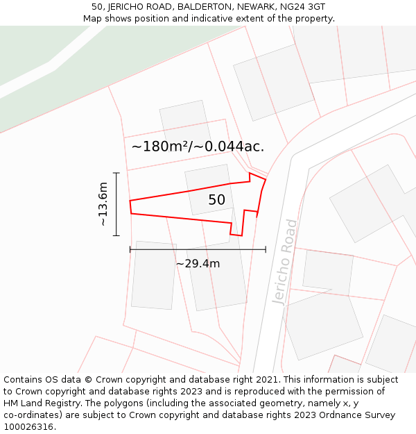 50, JERICHO ROAD, BALDERTON, NEWARK, NG24 3GT: Plot and title map