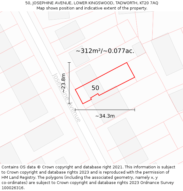 50, JOSEPHINE AVENUE, LOWER KINGSWOOD, TADWORTH, KT20 7AQ: Plot and title map