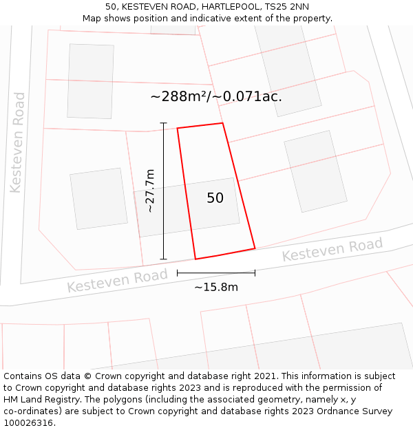 50, KESTEVEN ROAD, HARTLEPOOL, TS25 2NN: Plot and title map