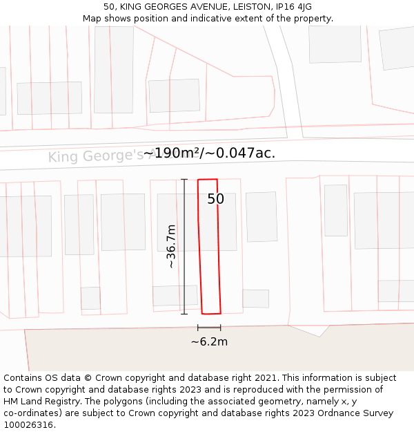 50, KING GEORGES AVENUE, LEISTON, IP16 4JG: Plot and title map