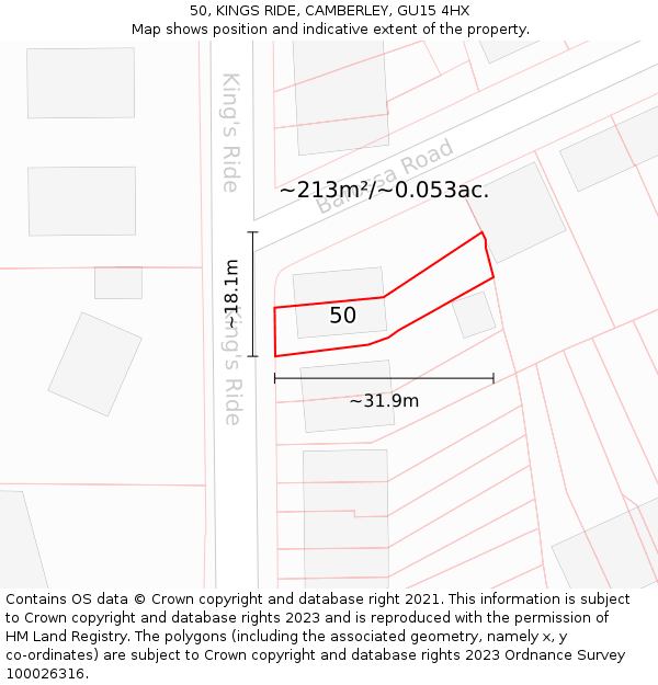 50, KINGS RIDE, CAMBERLEY, GU15 4HX: Plot and title map