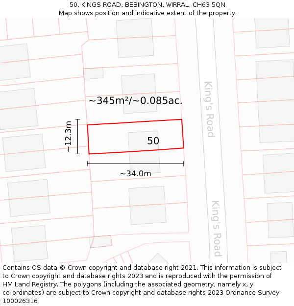 50, KINGS ROAD, BEBINGTON, WIRRAL, CH63 5QN: Plot and title map