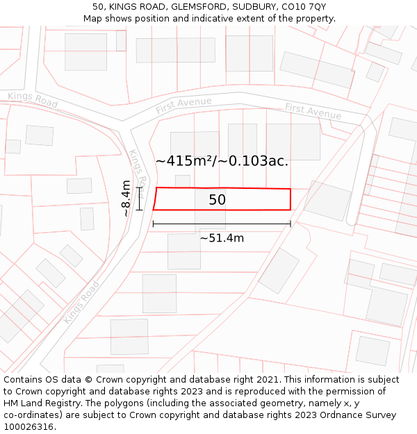 50, KINGS ROAD, GLEMSFORD, SUDBURY, CO10 7QY: Plot and title map