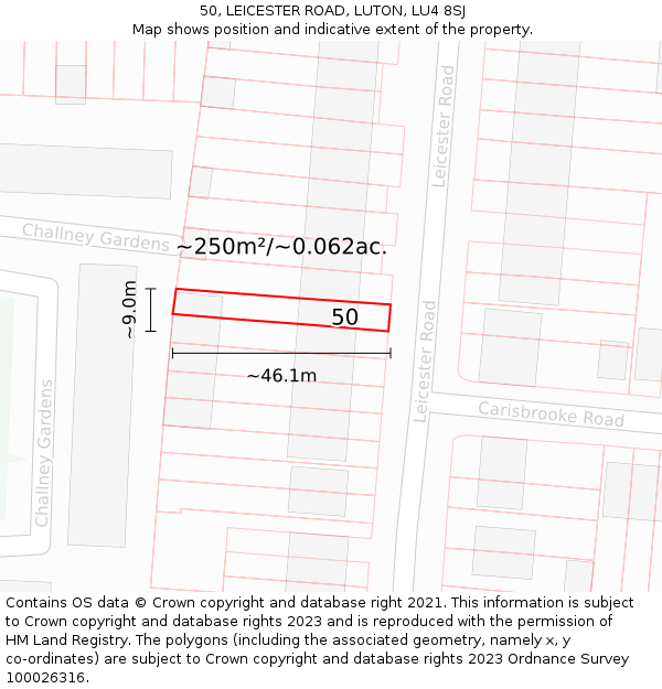 50, LEICESTER ROAD, LUTON, LU4 8SJ: Plot and title map