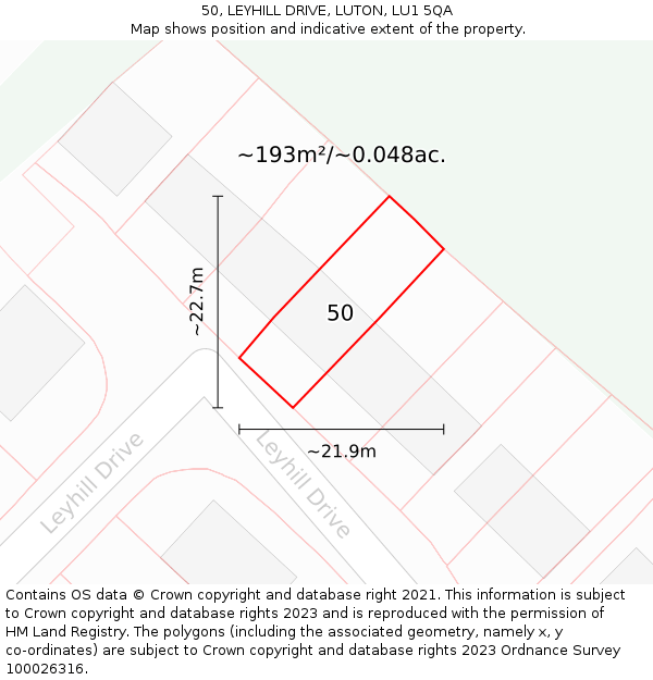 50, LEYHILL DRIVE, LUTON, LU1 5QA: Plot and title map