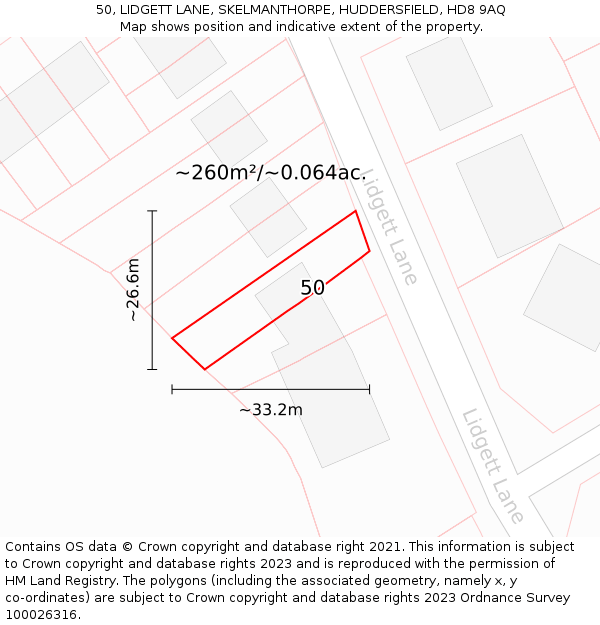 50, LIDGETT LANE, SKELMANTHORPE, HUDDERSFIELD, HD8 9AQ: Plot and title map