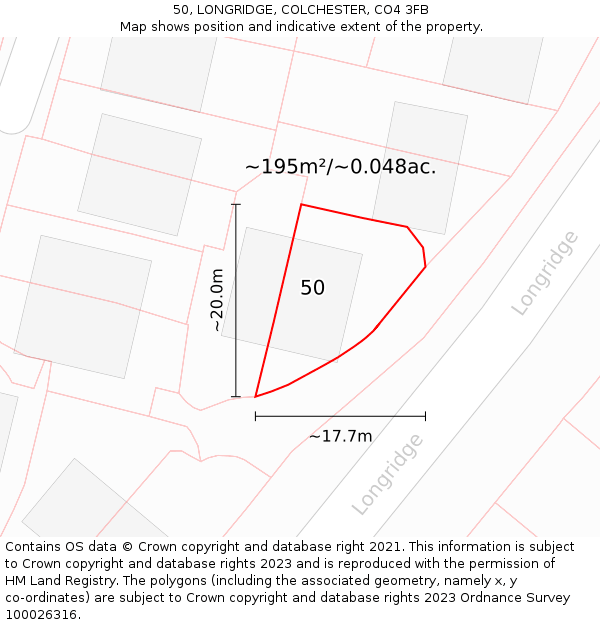 50, LONGRIDGE, COLCHESTER, CO4 3FB: Plot and title map