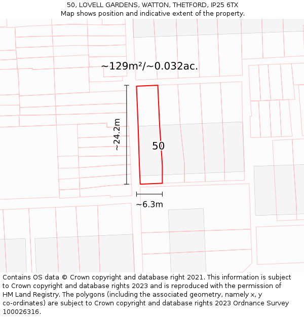 50, LOVELL GARDENS, WATTON, THETFORD, IP25 6TX: Plot and title map