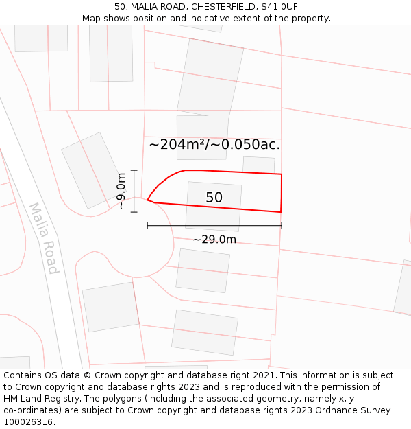 50, MALIA ROAD, CHESTERFIELD, S41 0UF: Plot and title map