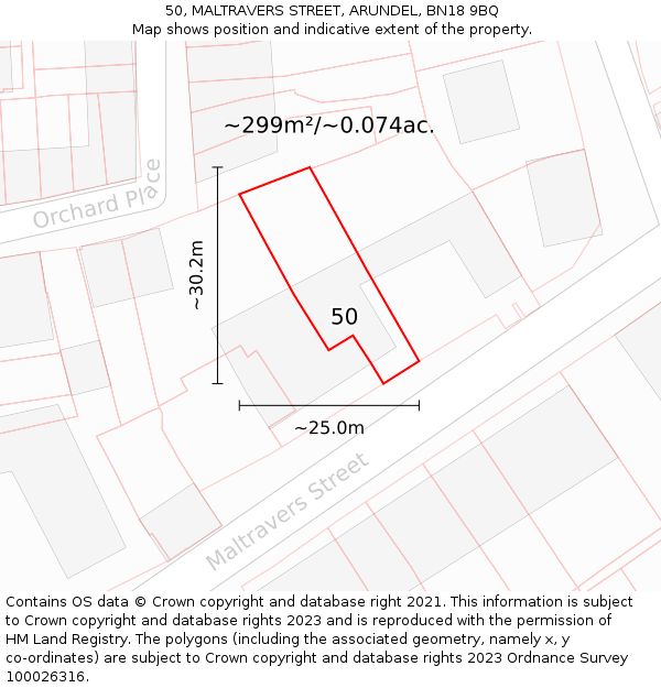 50, MALTRAVERS STREET, ARUNDEL, BN18 9BQ: Plot and title map