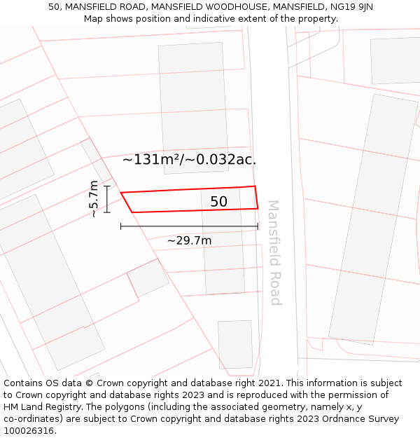 50, MANSFIELD ROAD, MANSFIELD WOODHOUSE, MANSFIELD, NG19 9JN: Plot and title map