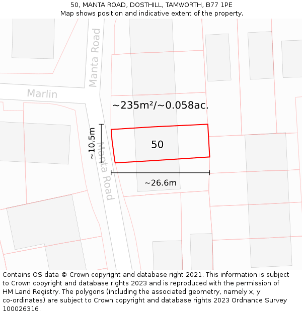 50, MANTA ROAD, DOSTHILL, TAMWORTH, B77 1PE: Plot and title map