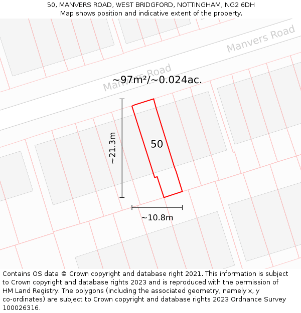 50, MANVERS ROAD, WEST BRIDGFORD, NOTTINGHAM, NG2 6DH: Plot and title map