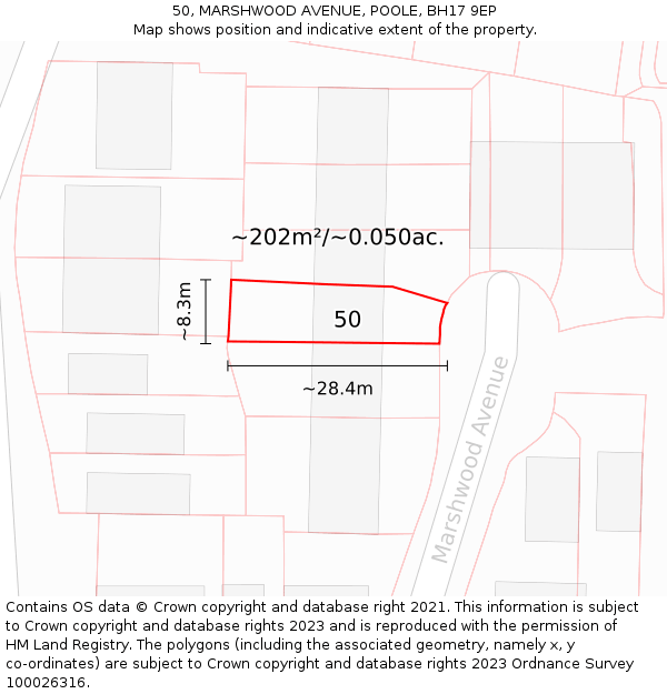 50, MARSHWOOD AVENUE, POOLE, BH17 9EP: Plot and title map