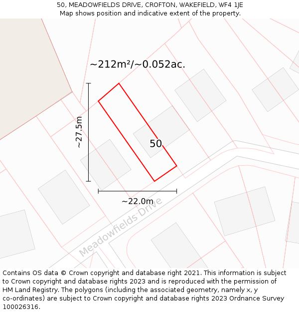 50, MEADOWFIELDS DRIVE, CROFTON, WAKEFIELD, WF4 1JE: Plot and title map