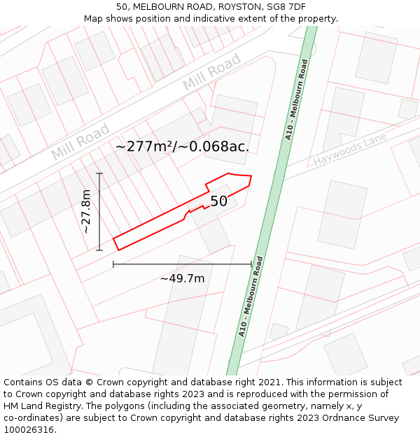 50, MELBOURN ROAD, ROYSTON, SG8 7DF: Plot and title map