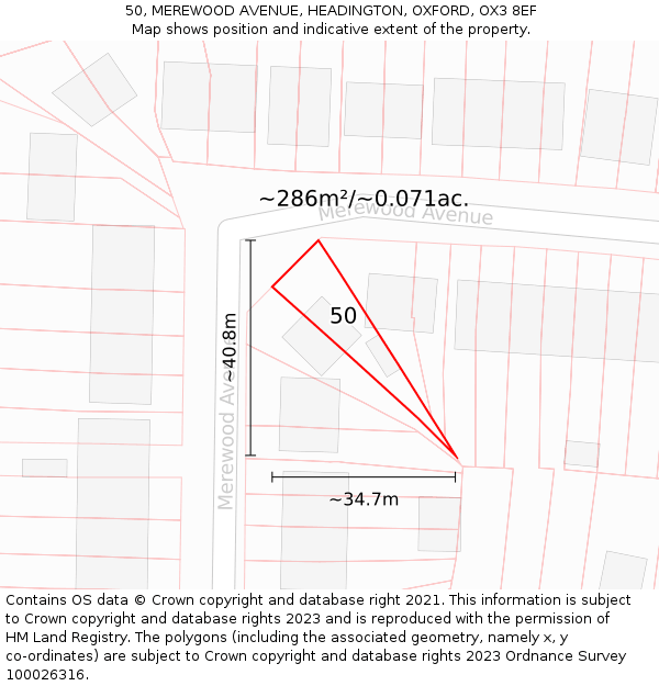 50, MEREWOOD AVENUE, HEADINGTON, OXFORD, OX3 8EF: Plot and title map