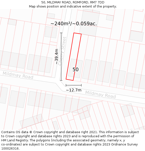 50, MILDMAY ROAD, ROMFORD, RM7 7DD: Plot and title map