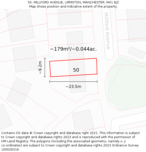 50, MILLFORD AVENUE, URMSTON, MANCHESTER, M41 6JZ: Plot and title map