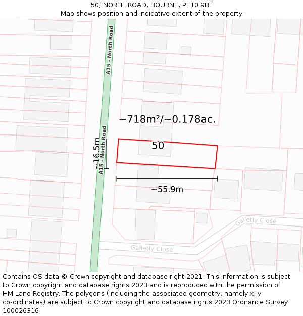 50, NORTH ROAD, BOURNE, PE10 9BT: Plot and title map