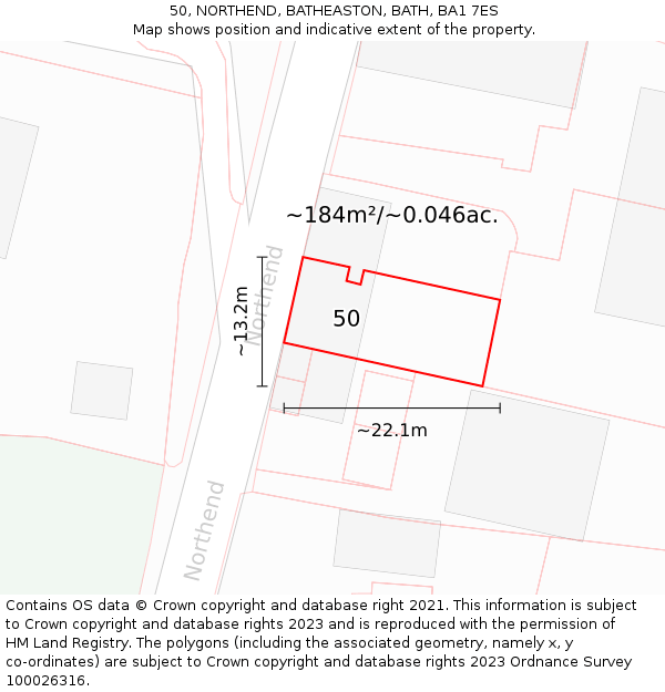 50, NORTHEND, BATHEASTON, BATH, BA1 7ES: Plot and title map