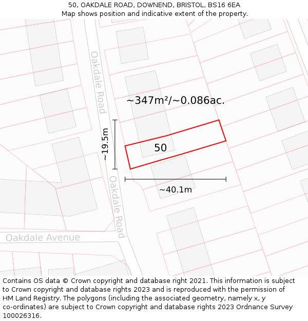 50, OAKDALE ROAD, DOWNEND, BRISTOL, BS16 6EA: Plot and title map