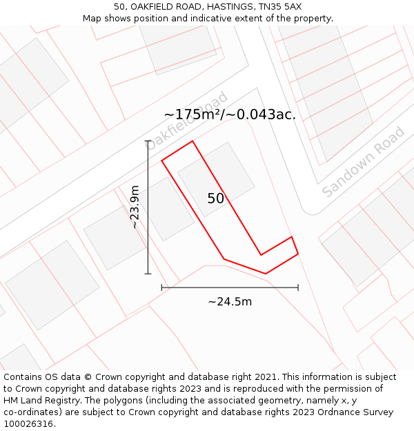 50, OAKFIELD ROAD, HASTINGS, TN35 5AX: Plot and title map