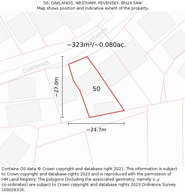 50, OAKLANDS, WESTHAM, PEVENSEY, BN24 5AW: Plot and title map