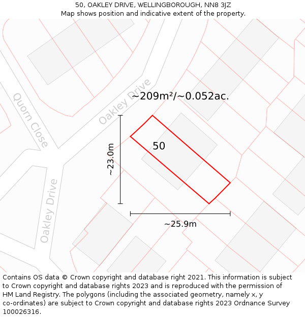 50, OAKLEY DRIVE, WELLINGBOROUGH, NN8 3JZ: Plot and title map