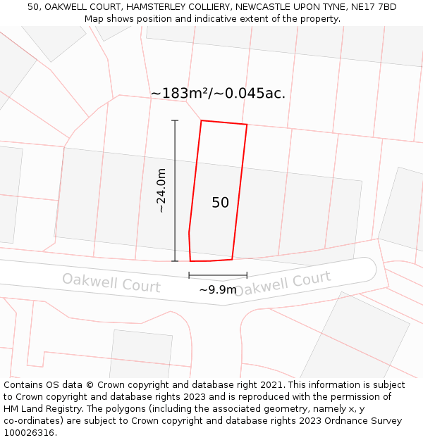 50, OAKWELL COURT, HAMSTERLEY COLLIERY, NEWCASTLE UPON TYNE, NE17 7BD: Plot and title map