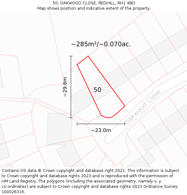 50, OAKWOOD CLOSE, REDHILL, RH1 4BD: Plot and title map