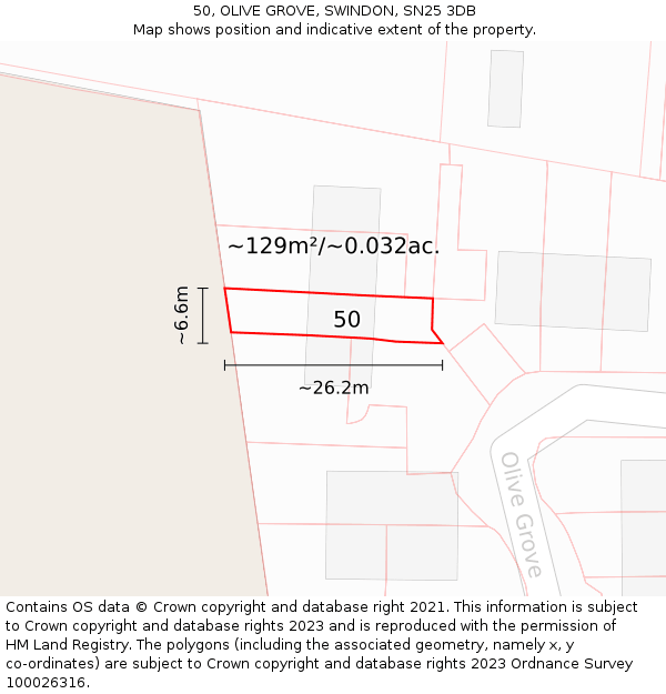 50, OLIVE GROVE, SWINDON, SN25 3DB: Plot and title map