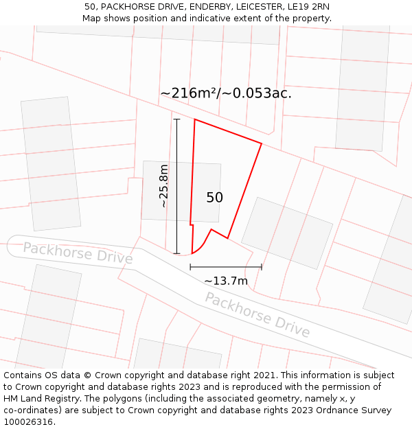 50, PACKHORSE DRIVE, ENDERBY, LEICESTER, LE19 2RN: Plot and title map