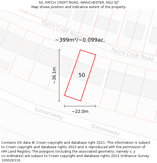 50, PATCH CROFT ROAD, MANCHESTER, M22 5JT: Plot and title map