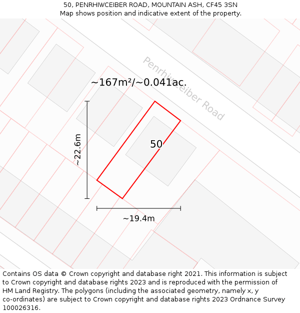 50, PENRHIWCEIBER ROAD, MOUNTAIN ASH, CF45 3SN: Plot and title map