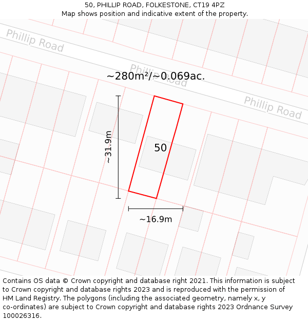 50, PHILLIP ROAD, FOLKESTONE, CT19 4PZ: Plot and title map